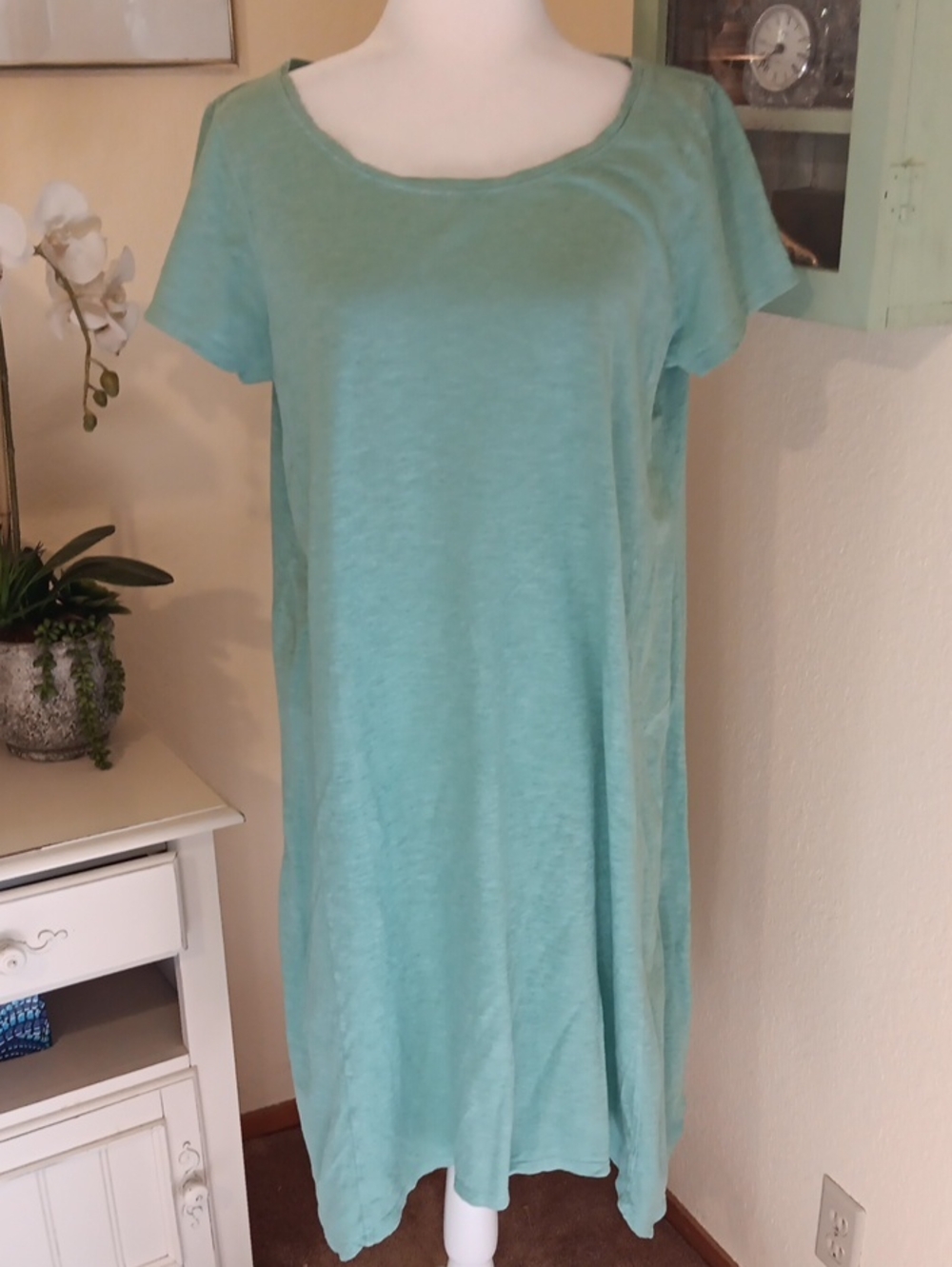 Eileen Fisher Sage Green Hemp And Organic Cotton Relaxed Knit Dress.Beach.Cruise